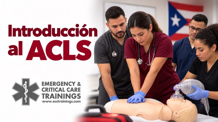 Profesionales de la salud practican RCP en un maniquí; imagen de introducción al ACLS con logo de ECCtrainings.
