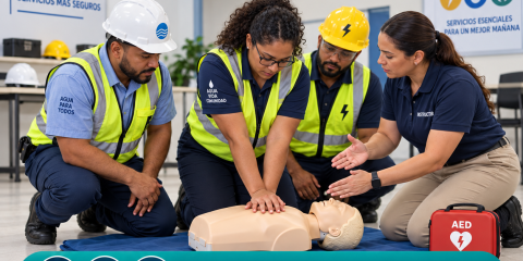 Emergencias médicas en la industria de energía: empleados practican RCP en un maniquí con ECCtrainings.