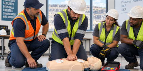 Trabajadores practican RCP y DEA para responder a emergencias médicas en la industria minera con ECCtrainings.