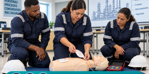Empleados se preparan para emergencias médicas en la industria petroquímica mediante práctica de RCP y DEA con ECCtrainings.