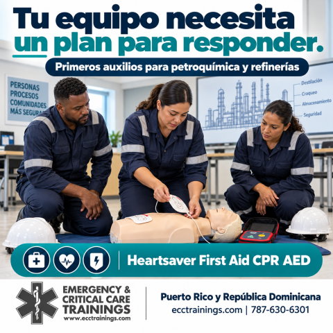 Empleados se preparan para emergencias médicas en la industria petroquímica mediante práctica de RCP y DEA con ECCtrainings.