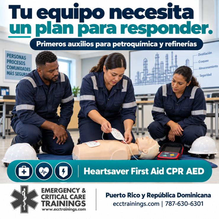 Empleados se preparan para emergencias médicas en la industria petroquímica mediante práctica de RCP y DEA con ECCtrainings.