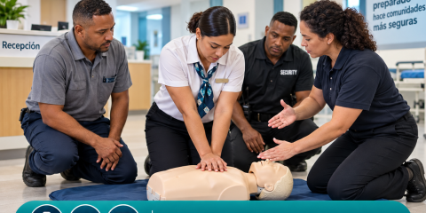 Personal de apoyo practica RCP para responder a emergencias médicas en la industria de la salud con ECCtrainings.