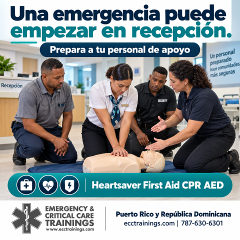 Personal de apoyo practica RCP para responder a emergencias médicas en la industria de la salud con ECCtrainings.