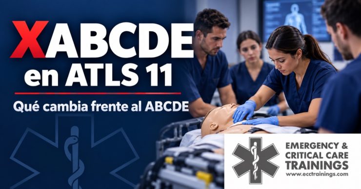 XABCDE en ATLS 11: entrenamiento de evaluación del trauma con maniquí y logo de ECCtrainings